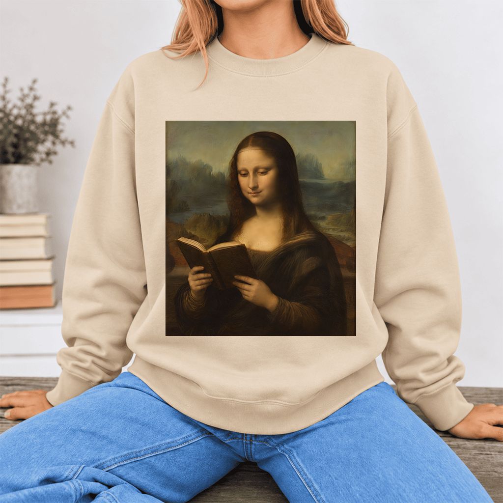 Mona Lisa Reading Softstyle Sweatshirt | Literary Reader Gift Sand