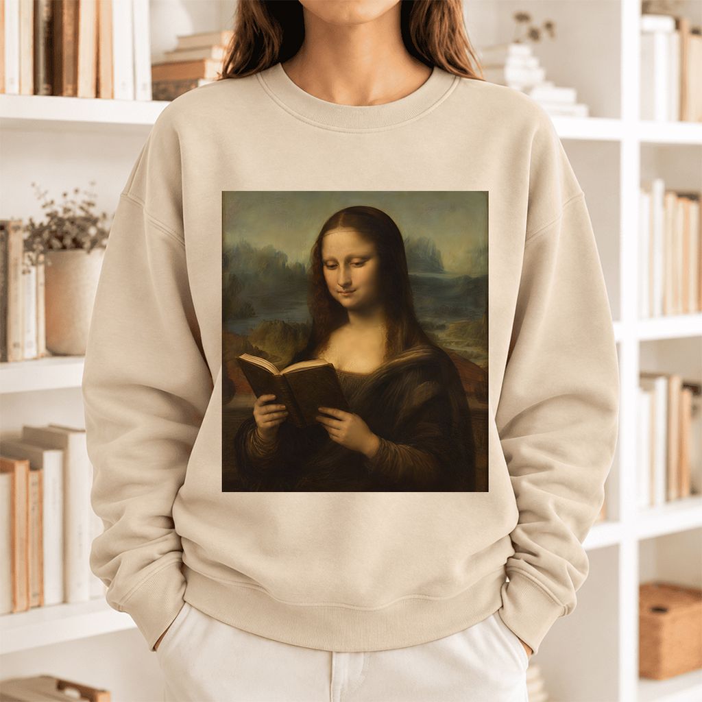 Mona Lisa Reading Softstyle Sweatshirt | Literary Reader Gift Sand