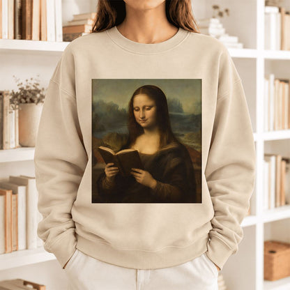 Mona Lisa Reading Softstyle Sweatshirt | Literary Reader Gift Sand