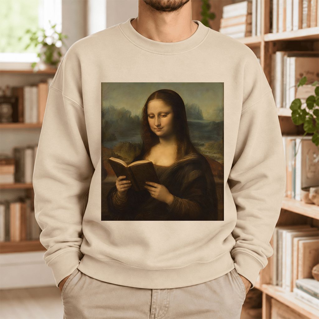 Mona Lisa Reading Softstyle Sweatshirt | Literary Reader Gift Sand