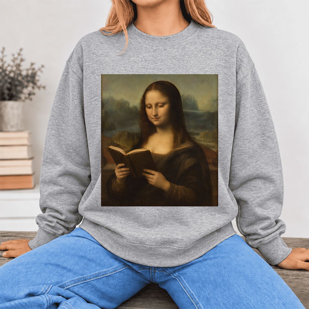 Mona Lisa Reading Softstyle Sweatshirt | Literary Reader Gift Sport Grey
