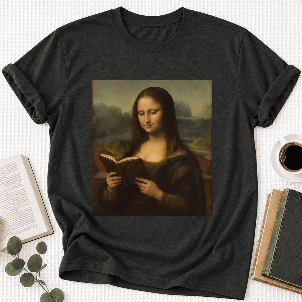 Mona Lisa Reading Ultra-Soft Cotton T-Shirt | Literary Home Reader Gift Black Heather