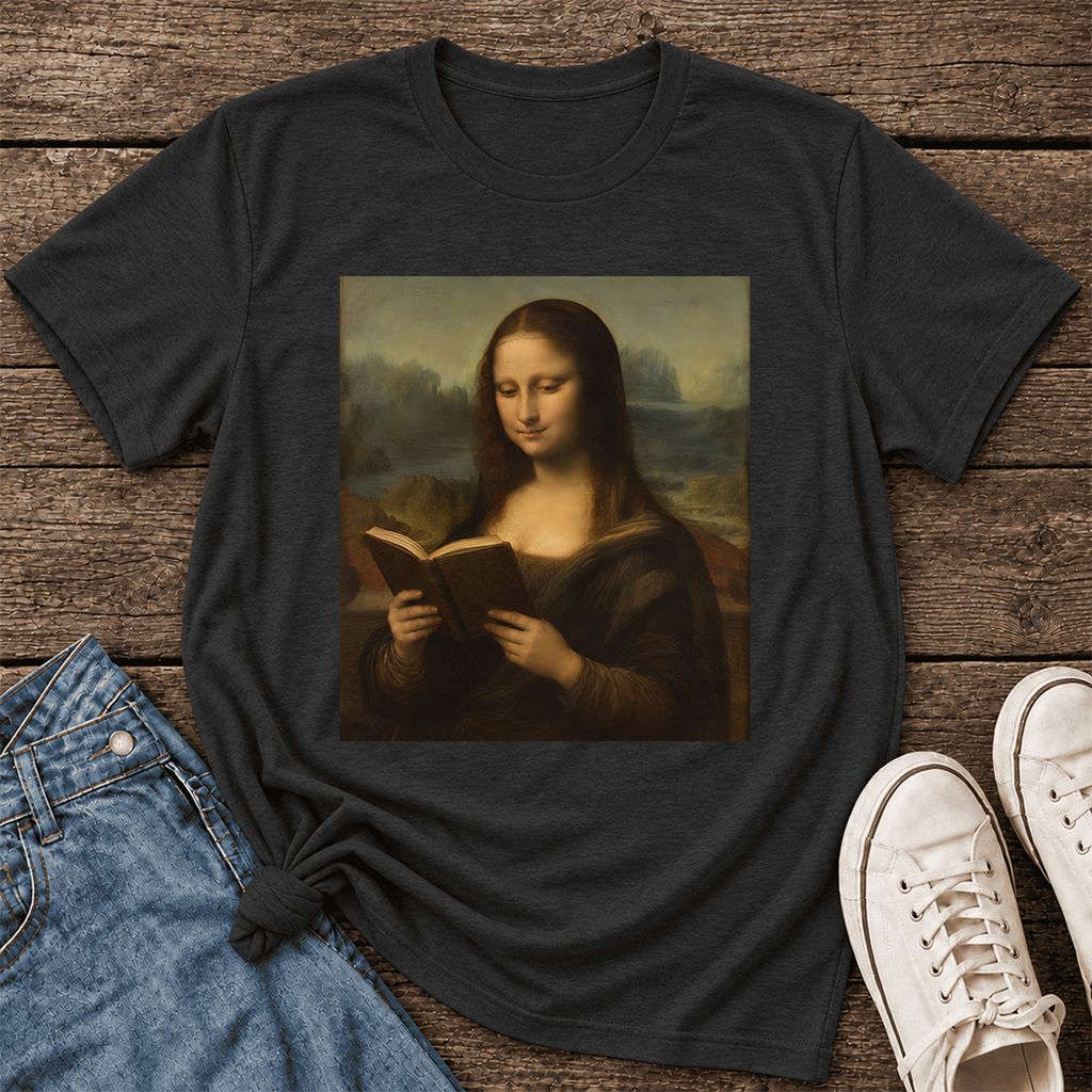 Mona Lisa Reading Ultra-Soft Cotton T-Shirt | Literary Home Reader Gift Black Heather