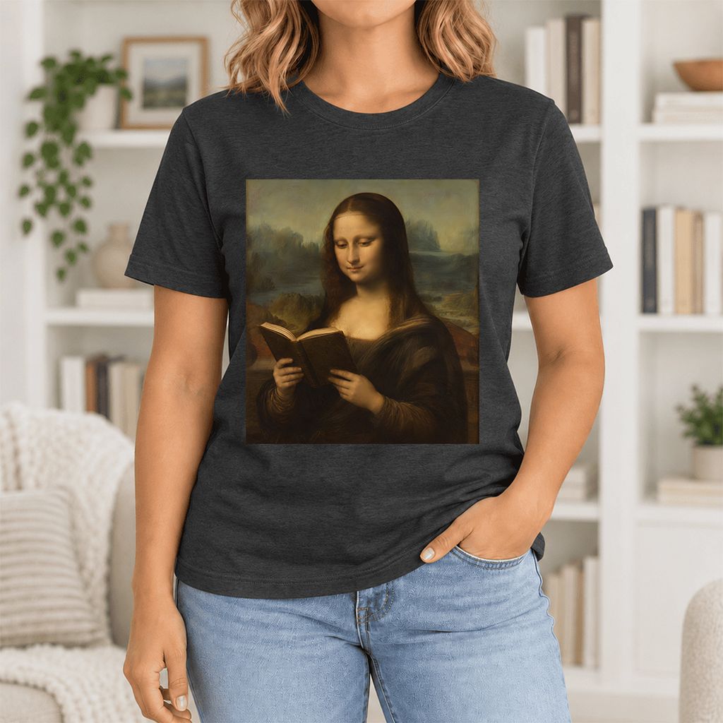 Mona Lisa Reading Ultra-Soft Cotton T-Shirt | Literary Home Reader Gift Black Heather