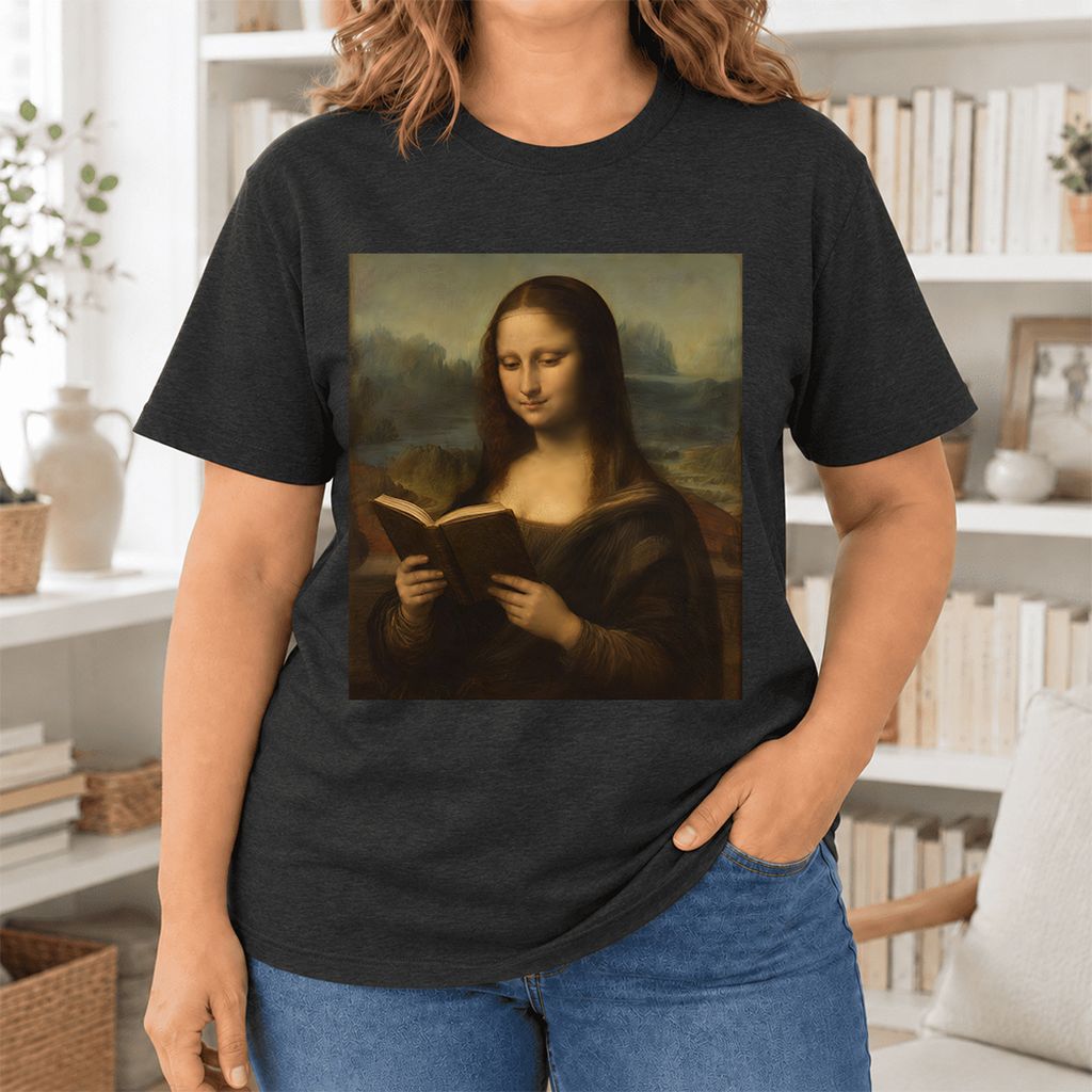Mona Lisa Reading Ultra-Soft Cotton T-Shirt | Literary Home Reader Gift Black Heather