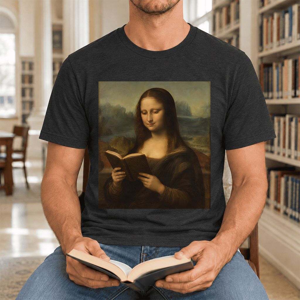 Mona Lisa Reading Ultra-Soft Cotton T-Shirt | Literary Home Reader Gift Black Heather