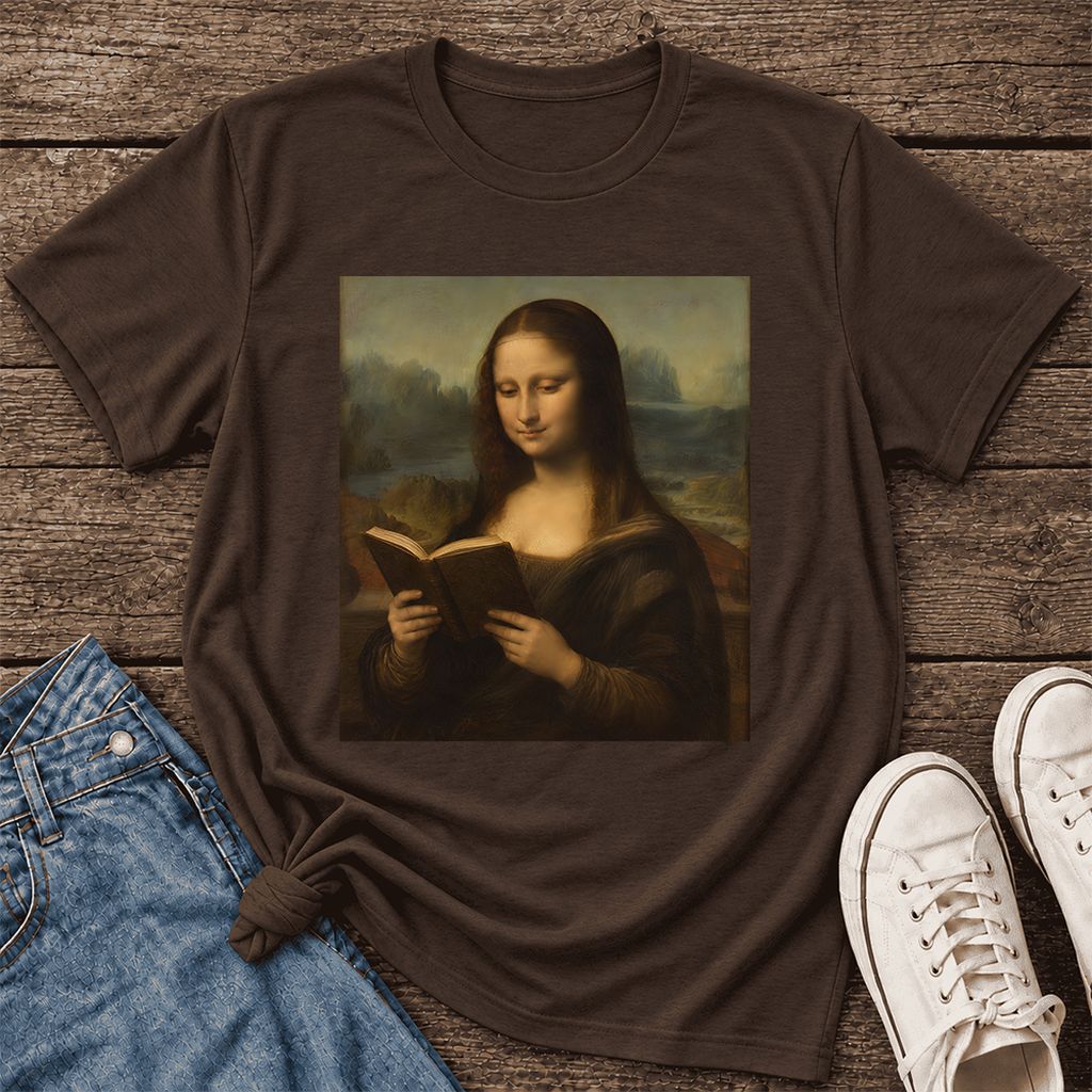 Mona Lisa Reading Ultra-Soft Cotton T-Shirt | Literary Home Reader Gift Brown