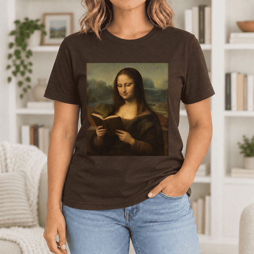 Mona Lisa Reading Ultra-Soft Cotton T-Shirt | Literary Home Reader Gift Brown