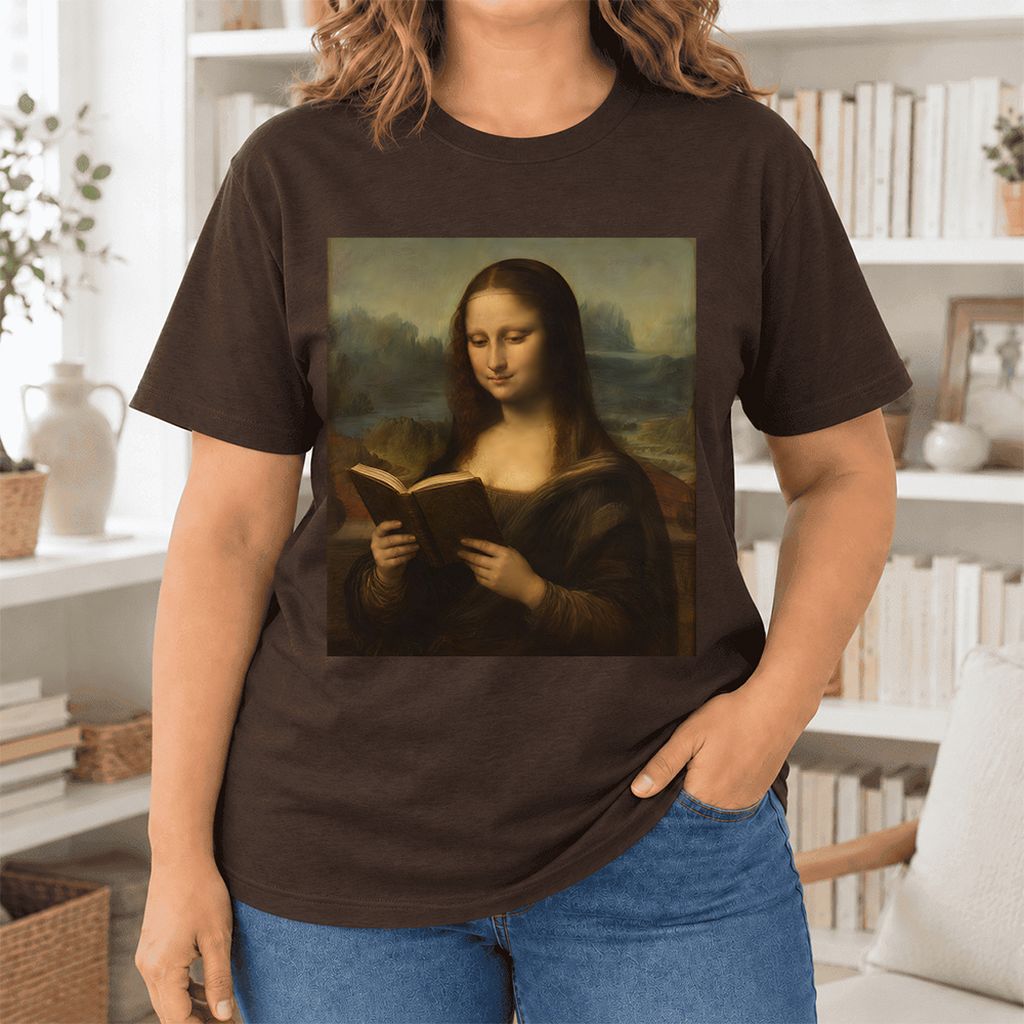 Mona Lisa Reading Ultra-Soft Cotton T-Shirt | Literary Home Reader Gift Brown