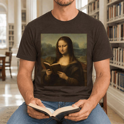 Mona Lisa Reading Ultra-Soft Cotton T-Shirt | Literary Home Reader Gift Brown
