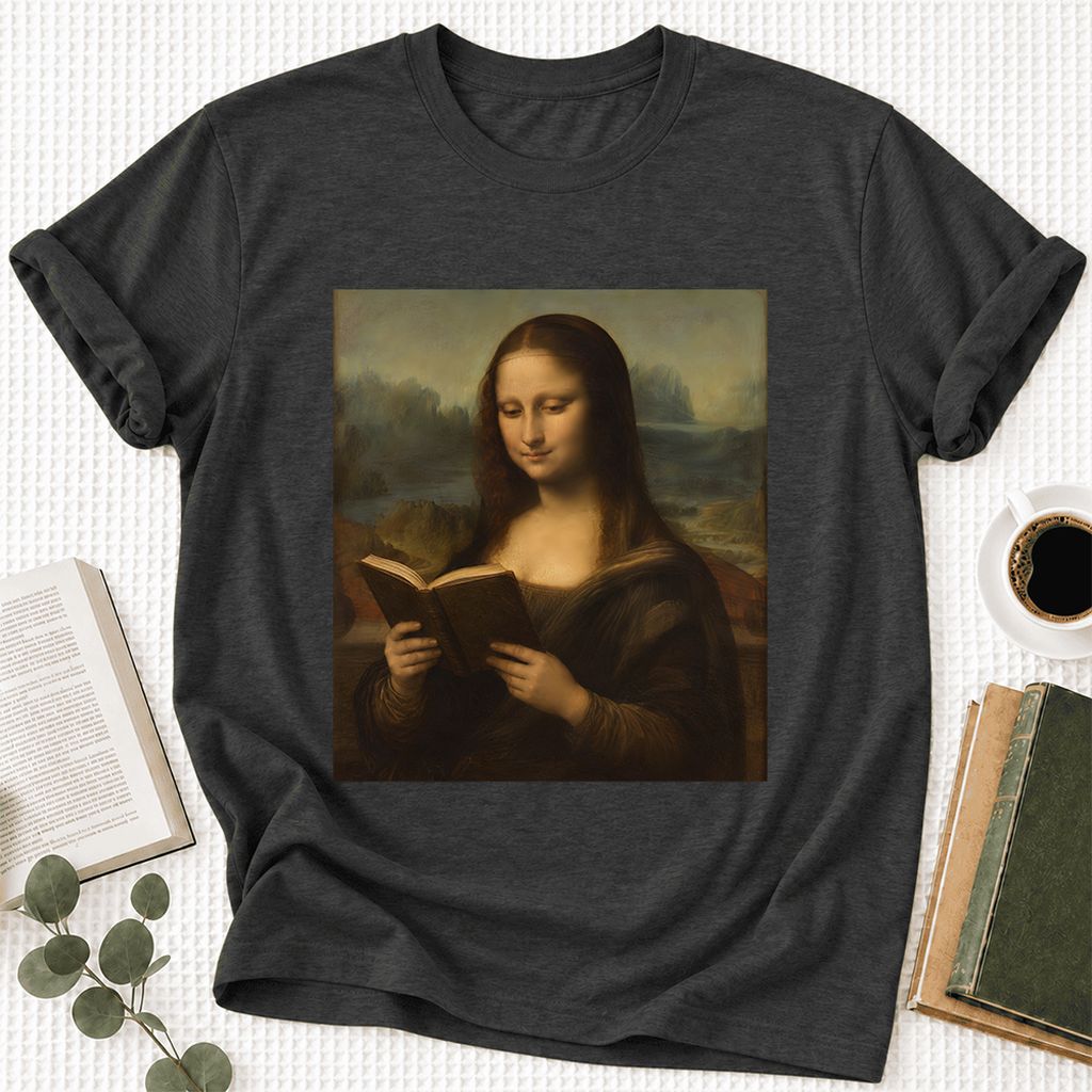 Mona Lisa Reading Ultra-Soft Cotton T-Shirt | Literary Home Reader Gift Dark Grey Heather