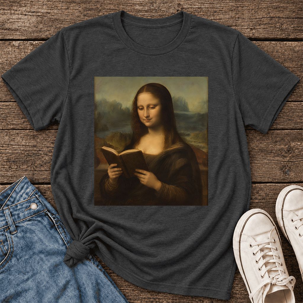Mona Lisa Reading Ultra-Soft Cotton T-Shirt | Literary Home Reader Gift Dark Grey Heather
