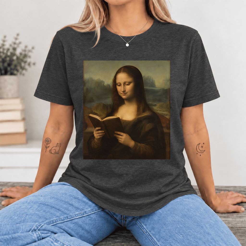 Mona Lisa Reading Ultra-Soft Cotton T-Shirt | Literary Home Reader Gift Dark Grey Heather