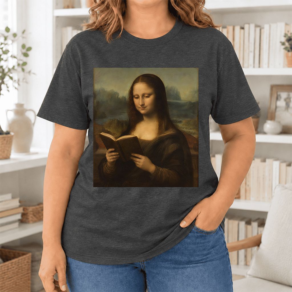 Mona Lisa Reading Ultra-Soft Cotton T-Shirt | Literary Home Reader Gift Dark Grey Heather