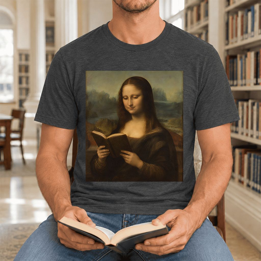 Mona Lisa Reading Ultra-Soft Cotton T-Shirt | Literary Home Reader Gift Dark Grey Heather