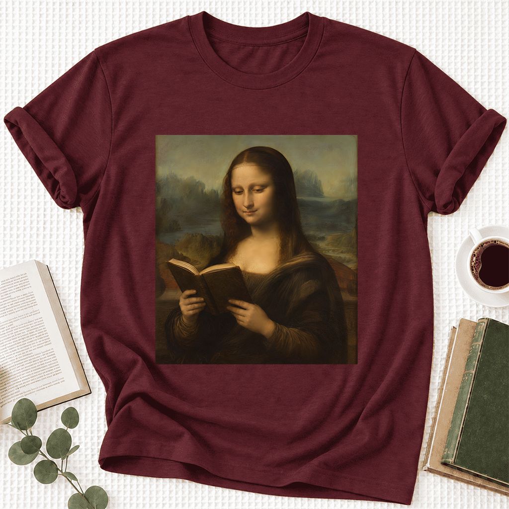 Mona Lisa Reading Ultra-Soft Cotton T-Shirt | Literary Home Reader Gift Maroon