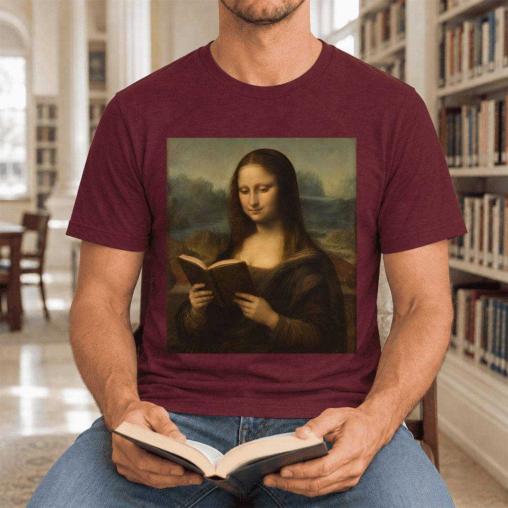 Mona Lisa Reading Ultra-Soft Cotton T-Shirt | Literary Home Reader Gift Maroon