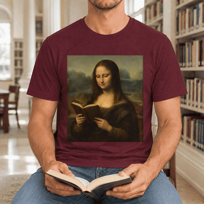 Mona Lisa Reading Ultra-Soft Cotton T-Shirt | Literary Home Reader Gift Maroon