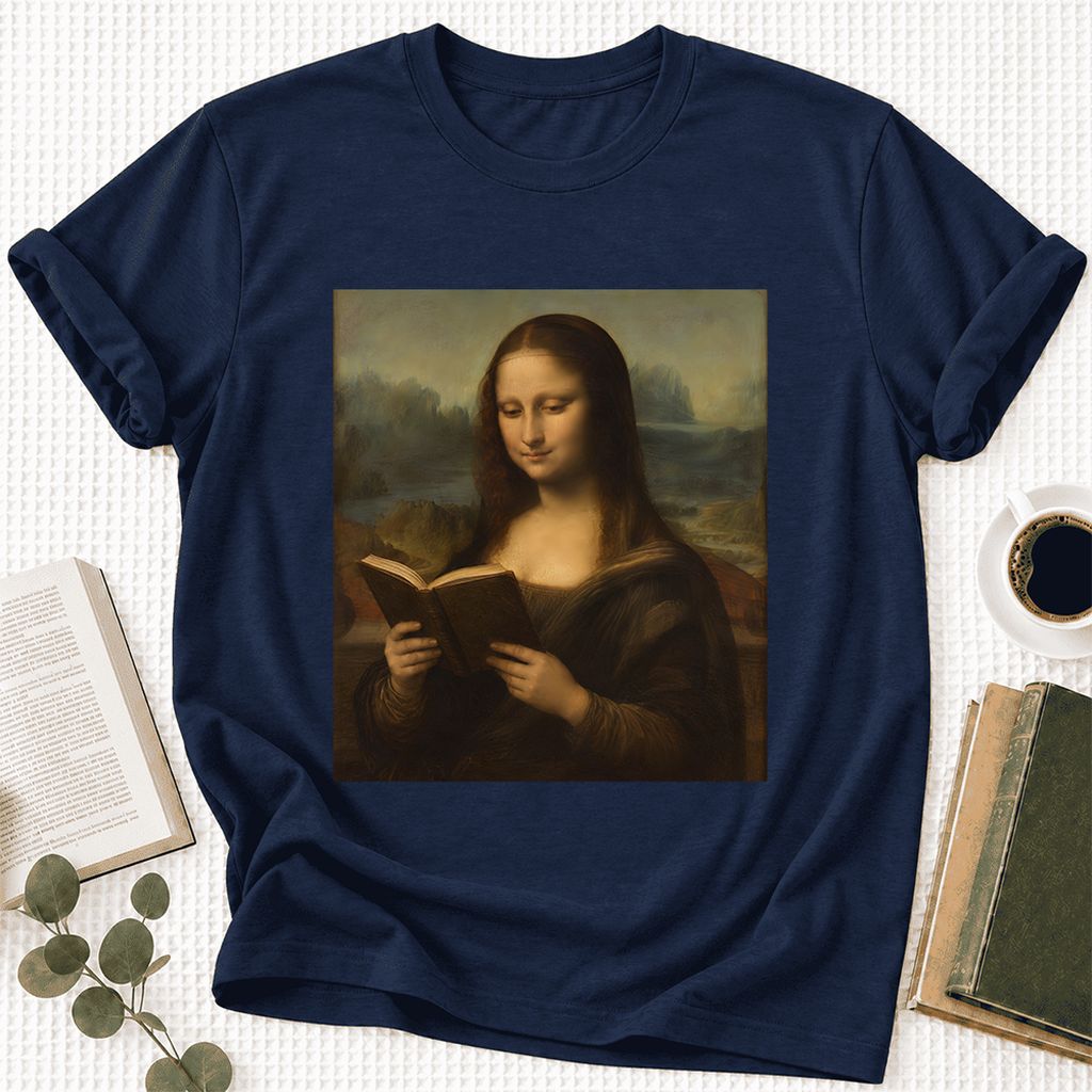 Mona Lisa Reading Ultra-Soft Cotton T-Shirt | Literary Home Reader Gift Navy
