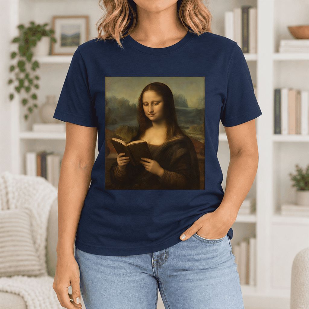 Mona Lisa Reading Ultra-Soft Cotton T-Shirt | Literary Home Reader Gift Navy