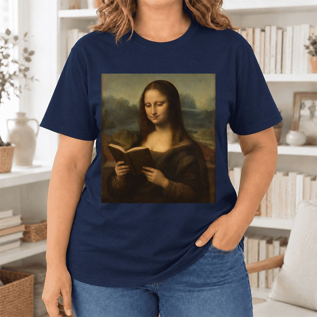 Mona Lisa Reading Ultra-Soft Cotton T-Shirt | Literary Home Reader Gift Navy