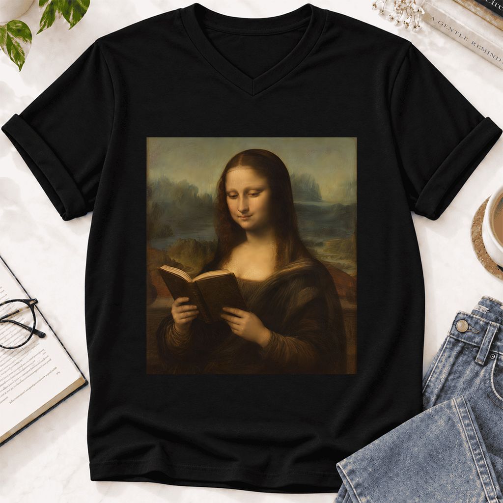 Mona Lisa Reading Ultra-Soft V-Neck | Literary Home Reader Gift Black