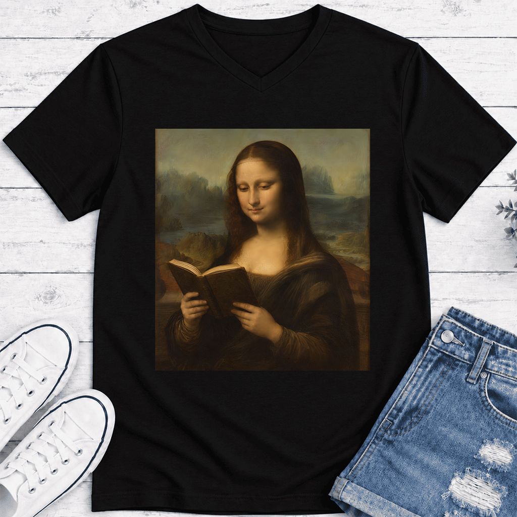 Mona Lisa Reading Ultra-Soft V-Neck | Literary Home Reader Gift Black