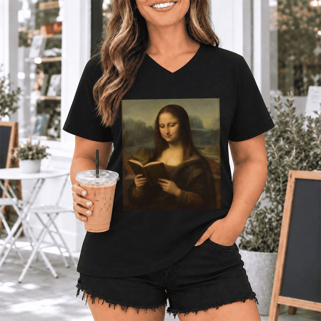 Mona Lisa Reading Ultra-Soft V-Neck | Literary Home Reader Gift Black
