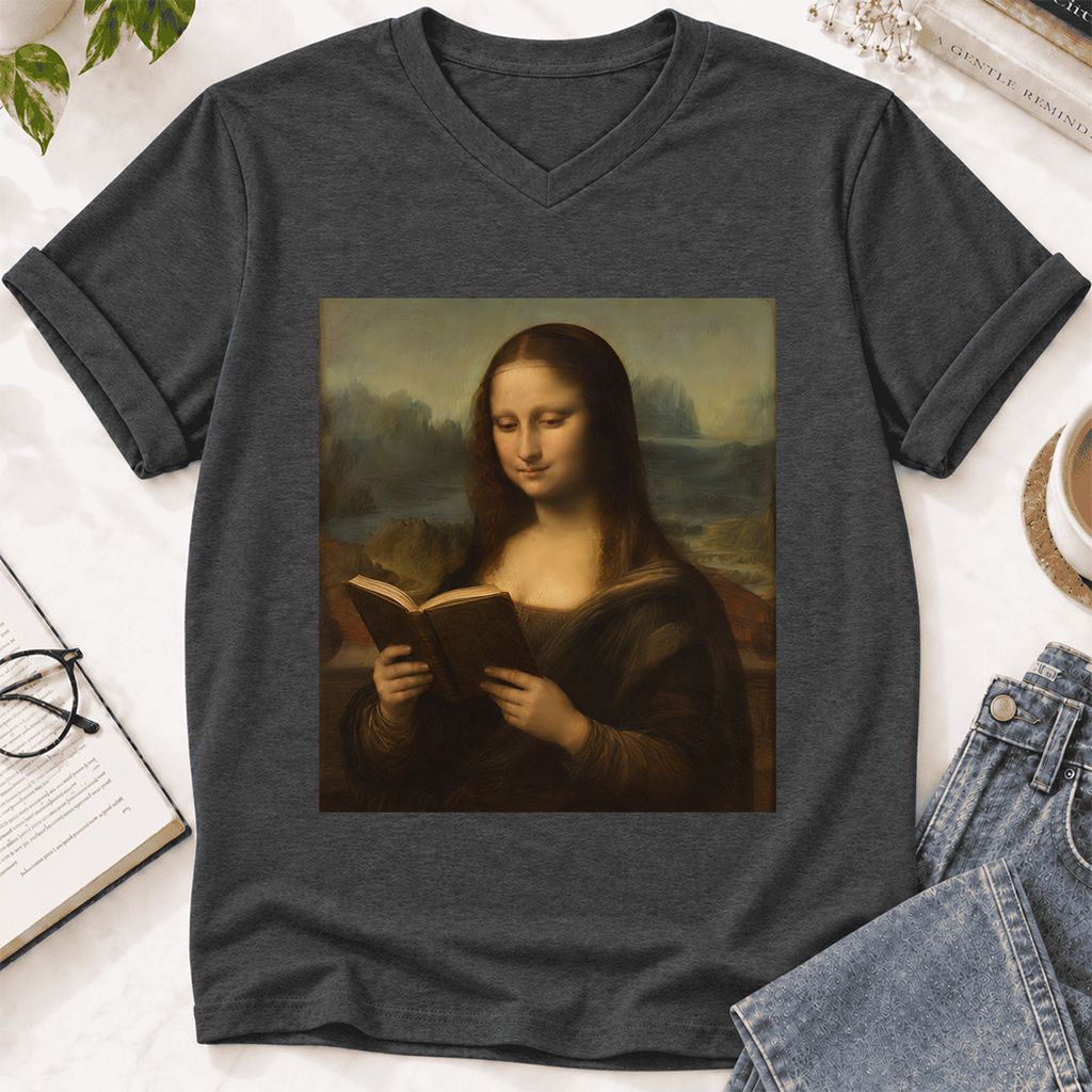 Mona Lisa Reading Ultra-Soft V-Neck | Literary Home Reader Gift Dark Grey Heather