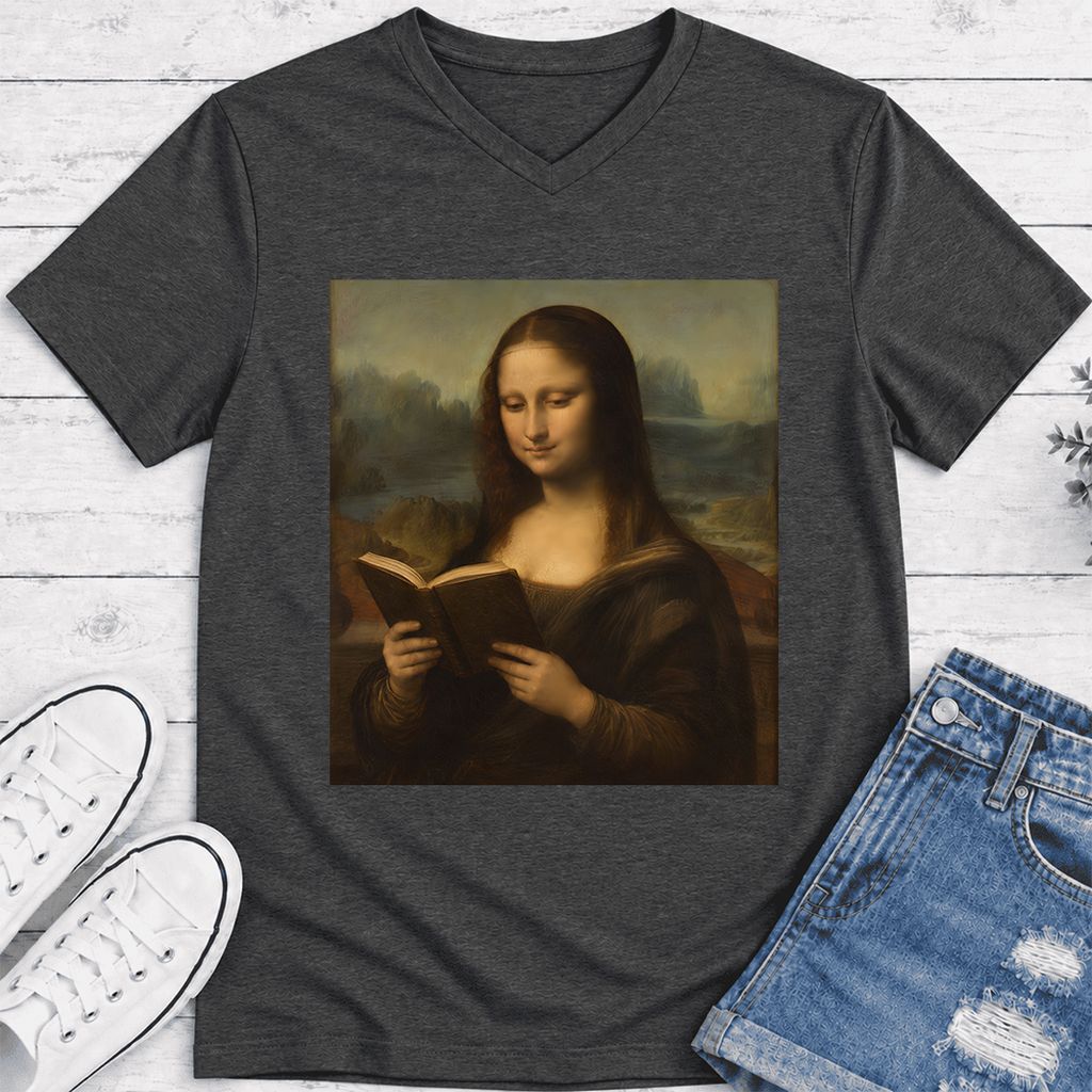 Mona Lisa Reading Ultra-Soft V-Neck | Literary Home Reader Gift Dark Grey Heather