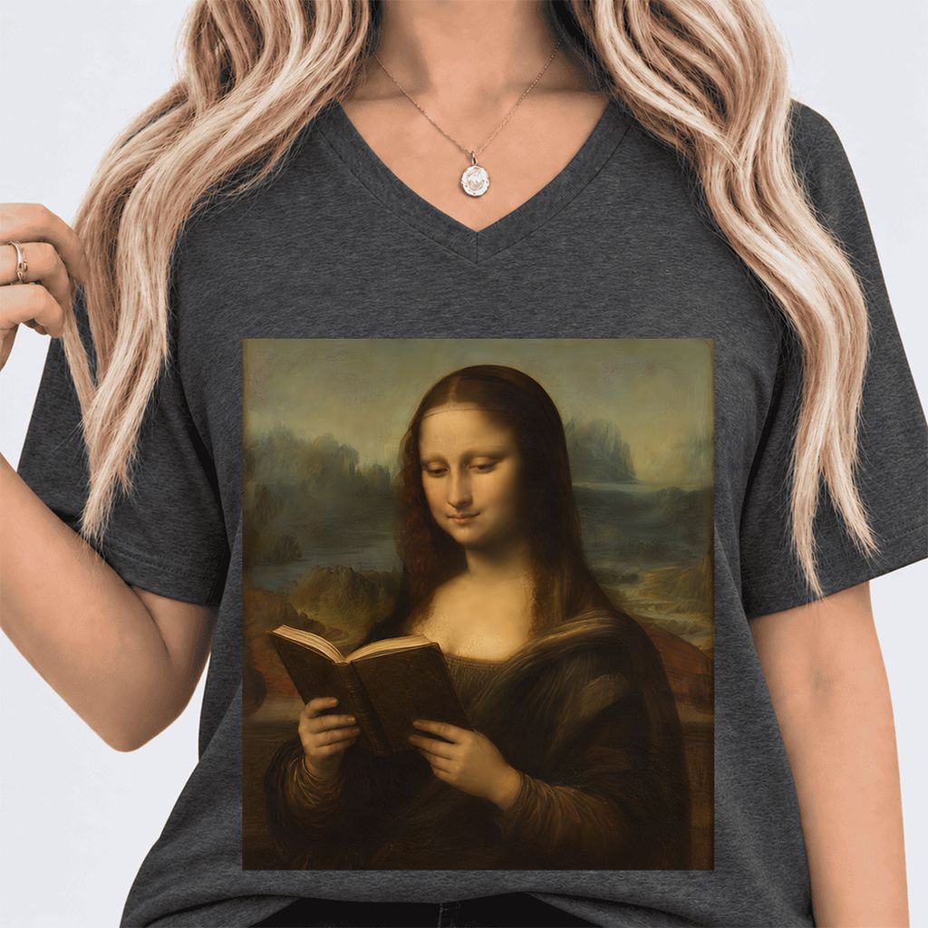 Mona Lisa Reading Ultra-Soft V-Neck | Literary Home Reader Gift Dark Grey Heather