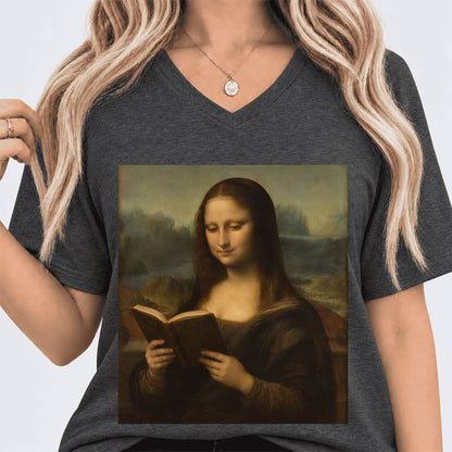 Mona Lisa Reading Ultra-Soft V-Neck | Literary Home Reader Gift Dark Grey Heather