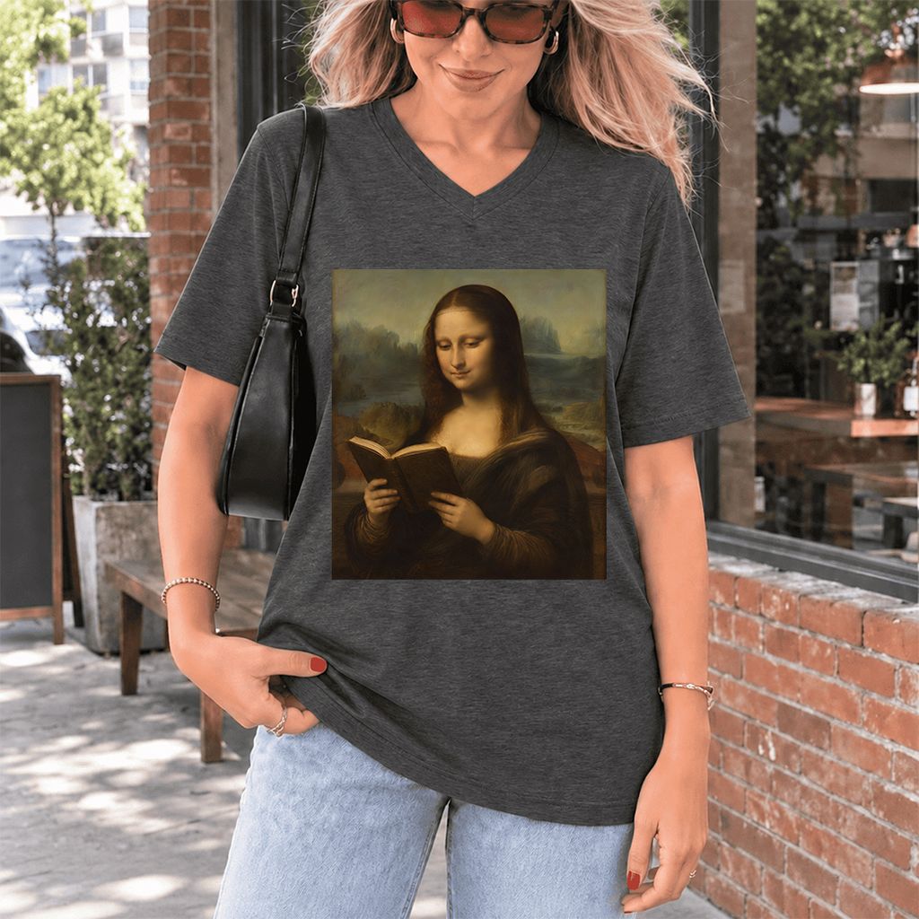 Mona Lisa Reading Ultra-Soft V-Neck | Literary Home Reader Gift Dark Grey Heather
