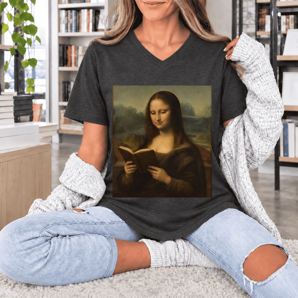 Mona Lisa Reading Ultra-Soft V-Neck | Literary Home Reader Gift Dark Grey Heather