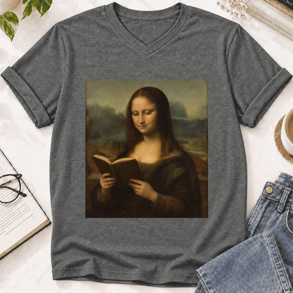 Mona Lisa Reading Ultra-Soft V-Neck | Literary Home Reader Gift Deep Heather
