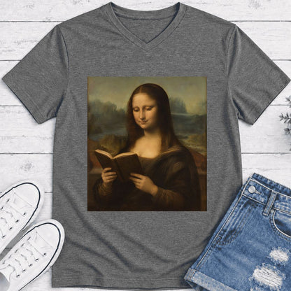 Mona Lisa Reading Ultra-Soft V-Neck | Literary Home Reader Gift Deep Heather
