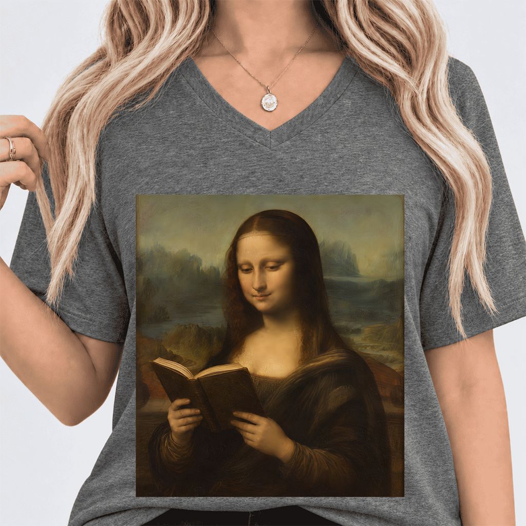 Mona Lisa Reading Ultra-Soft V-Neck | Literary Home Reader Gift Deep Heather