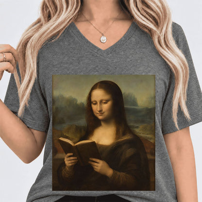 Mona Lisa Reading Ultra-Soft V-Neck | Literary Home Reader Gift Deep Heather
