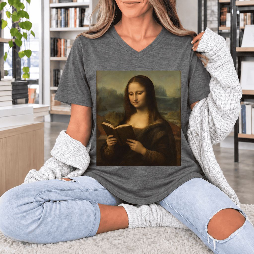 Mona Lisa Reading Ultra-Soft V-Neck | Literary Home Reader Gift Deep Heather