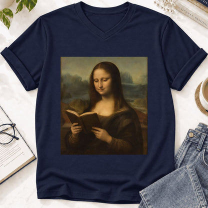 Mona Lisa Reading Ultra-Soft V-Neck | Literary Home Reader Gift Navy