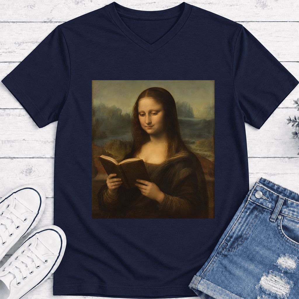 Mona Lisa Reading Ultra-Soft V-Neck | Literary Home Reader Gift Navy