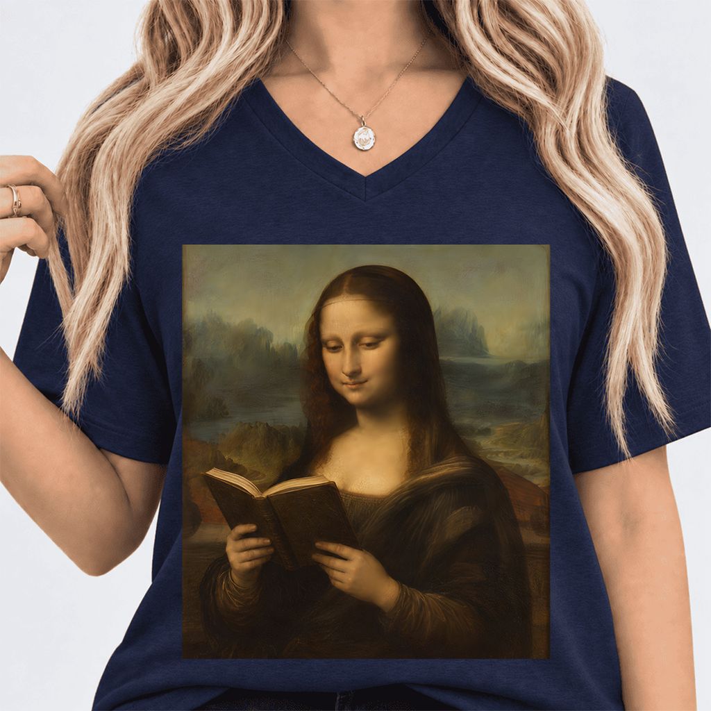 Mona Lisa Reading Ultra-Soft V-Neck | Literary Home Reader Gift Navy
