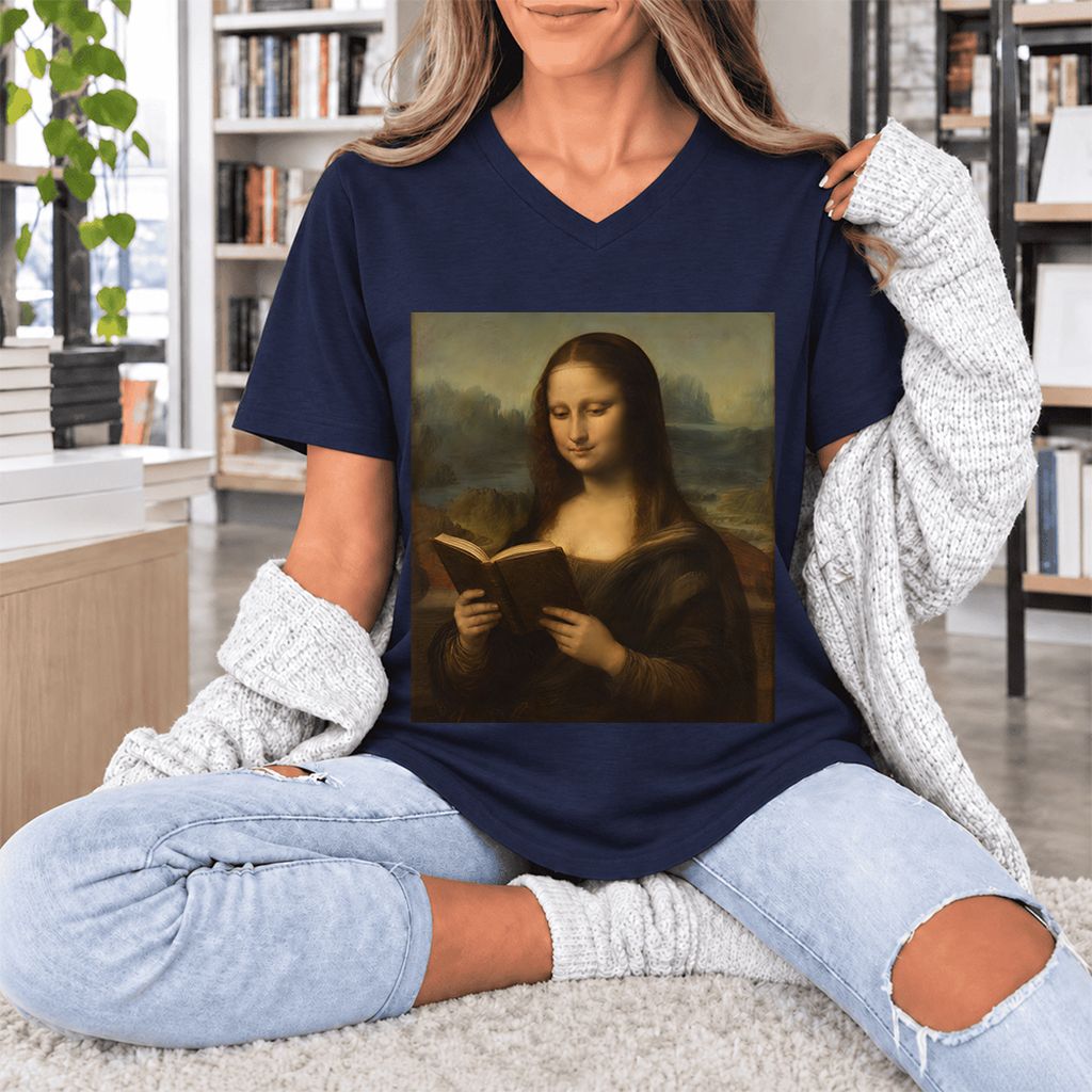 Mona Lisa Reading Ultra-Soft V-Neck | Literary Home Reader Gift Navy