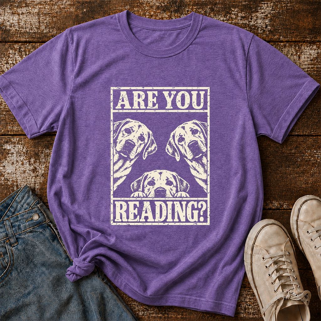 ARE YOU READING Labrador Retriever Printed T-Shirt | Dog Mom Reader Gift Heather Purple