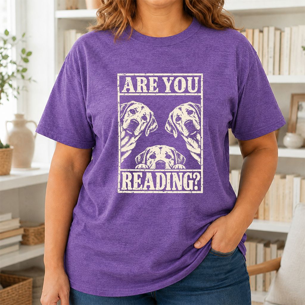 ARE YOU READING Labrador Retriever Printed T-Shirt | Dog Mom Reader Gift Heather Purple