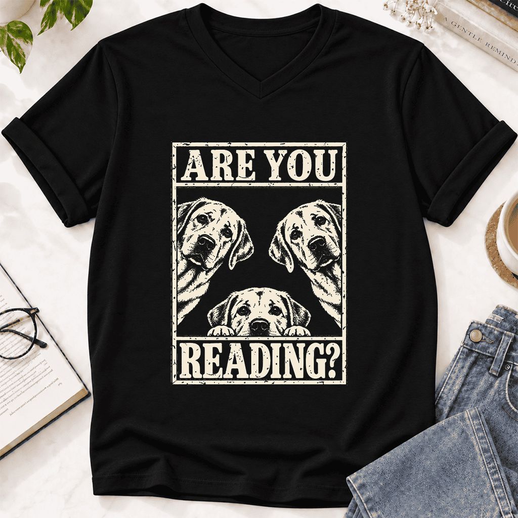 ARE YOU READING Labrador Retriever Ultra-Soft V-Neck | Dog Mom Reader Gift Black