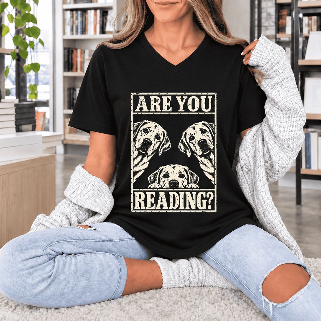 ARE YOU READING Labrador Retriever Ultra-Soft V-Neck | Dog Mom Reader Gift Black