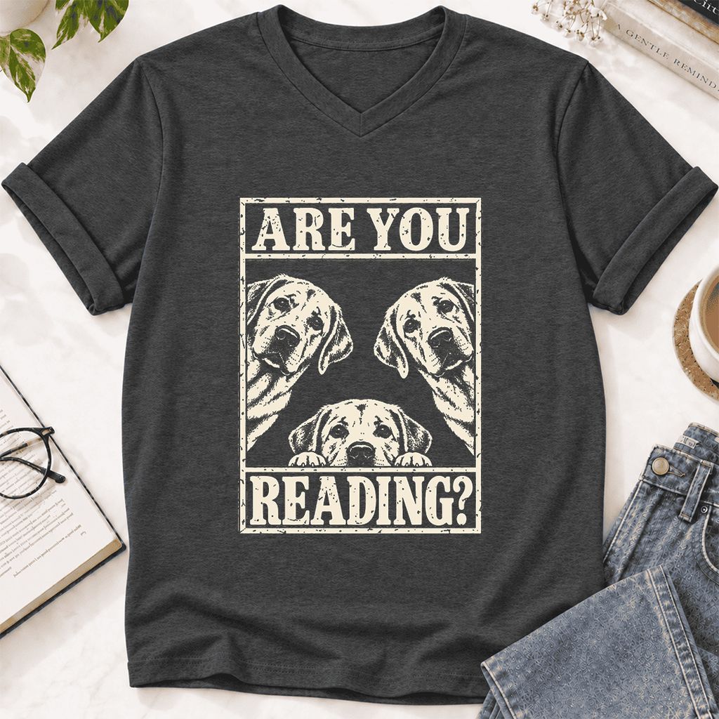 ARE YOU READING Labrador Retriever Ultra-Soft V-Neck | Dog Mom Reader Gift Dark Grey Heather
