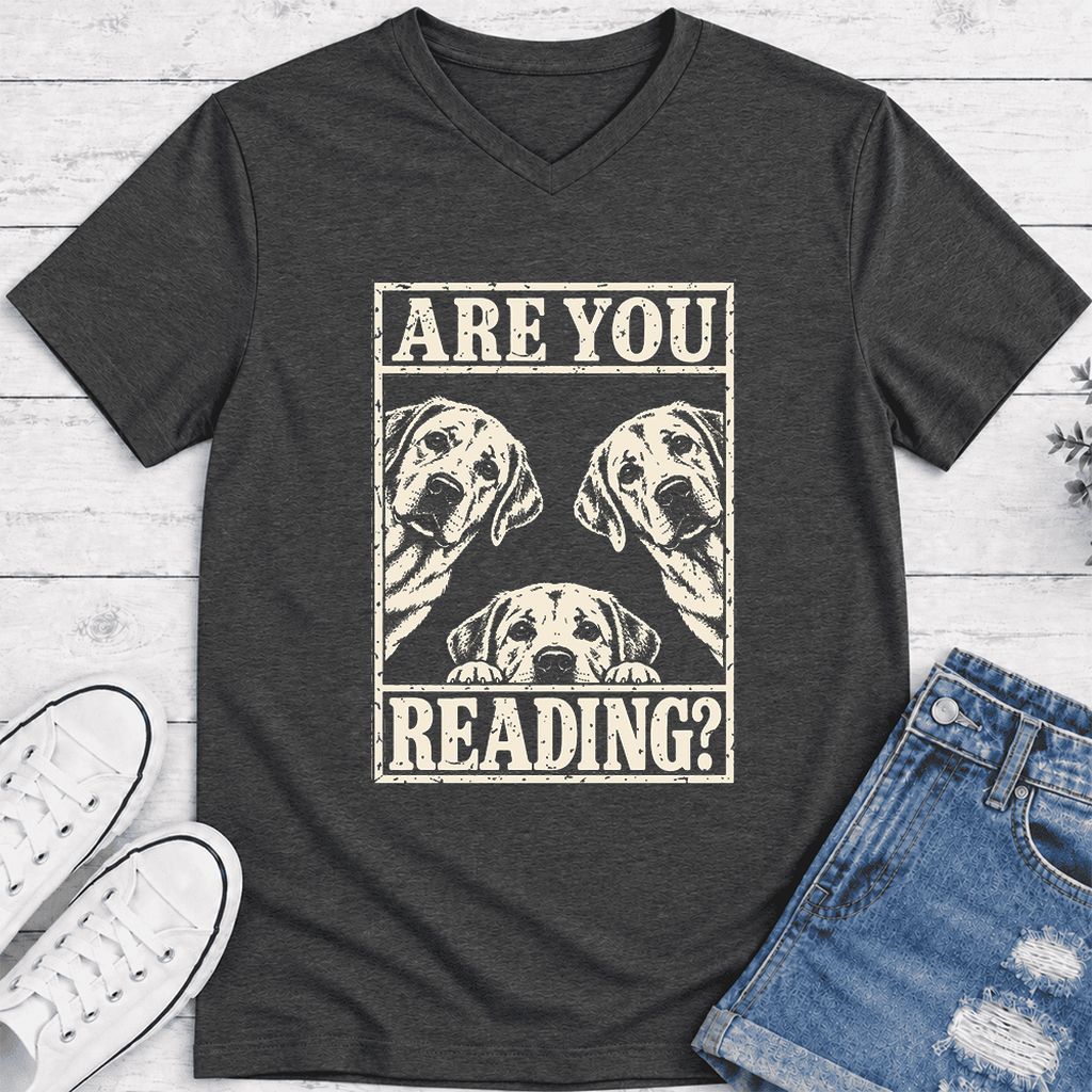 ARE YOU READING Labrador Retriever Ultra-Soft V-Neck | Dog Mom Reader Gift Dark Grey Heather