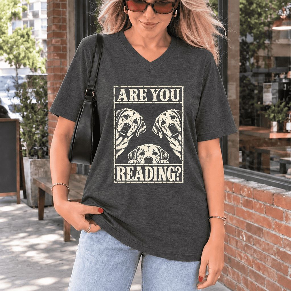 ARE YOU READING Labrador Retriever Ultra-Soft V-Neck | Dog Mom Reader Gift Dark Grey Heather